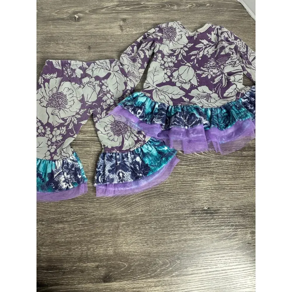 Giggle Moon Girls 6 Months Two Piece Outfit Purple Gray Blue Floral